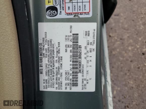 ✅ 2008 Mercury Milan Premier • VIN: 3MEHM08138R605189 • Lot: 81333045. Listed on Copart with Not provided. Free auction sales archive from the USA and detailed vehicle history report at DreamBid. Image 12.