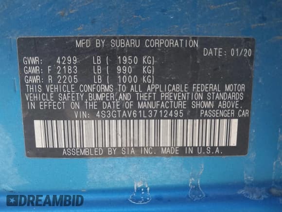 ✅ 2020 Subaru Impreza Premium • VIN: 4S3GTAV61L3712495 • Lot: 41832690. Listed on IAAI with 114,000 mi. Free auction sales archive from the USA and detailed vehicle history report at DreamBid. Image 9.