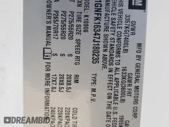 ✅ 2007 Chevrolet Suburban LT • VIN: 1GNFK16347J180235 • Lot: 68834864. Wystawiony na Copart z przebiegiem Nie podano. Bezpłatny archiwum sprzedaży aukcyjnych z USA i szczegółowy raport historii pojazdu na DreamBid. Zdjęcie 13.