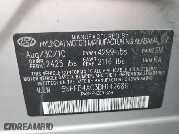 ✅ 2011 Hyundai Sonata GLS • VIN: 5NPEB4AC3BH142686 • Lot: 71130134. Listed on Copart with Not provided. Free auction sales archive from the USA and detailed vehicle history report at DreamBid. Image 12.