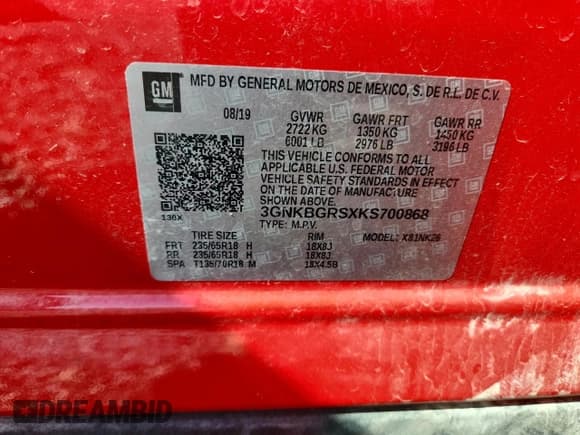 ✅ 2019 Chevrolet Blazer • VIN: 3GNKBGRSXKS700868 • Лот: 84741905. Опубликован ранее на Copart с пробегом 65 983 миль. Бесплатный доступ к архиву аукционных продаж из США и подробный отчёт об истории автомобиля на DreamBid. Изображение 13.