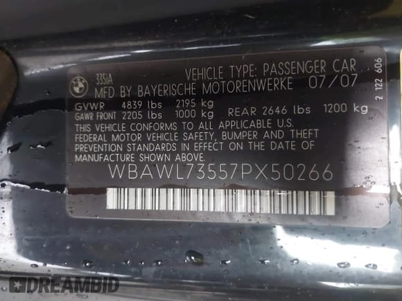 ✅ 2007 BMW 3 Series 335i • VIN: WBAWL73557PX50266 • Lot: 43546697. Listed on IAAI with 159,834 mi. Free auction sales archive from the USA and detailed vehicle history report at DreamBid. Image 9.