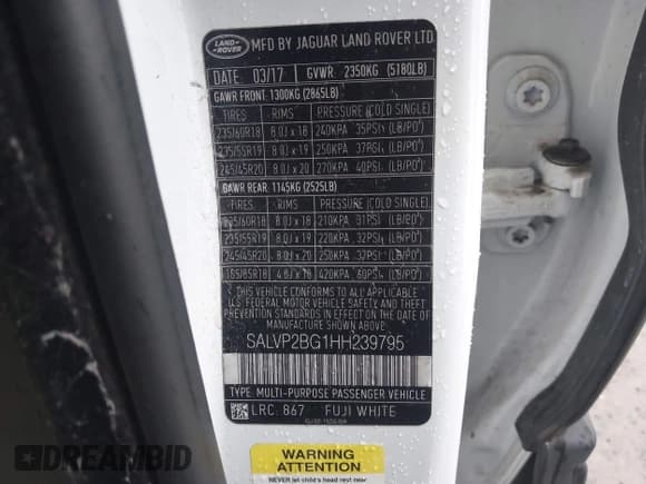 ✅ 2017 Land Rover Range Rover Evoque SE • VIN: SALVP2BG1HH239795 • Lot: 43797451. Listed on IAAI with 92,537 mi. Free auction sales archive from the USA and detailed vehicle history report at DreamBid. Image 9.