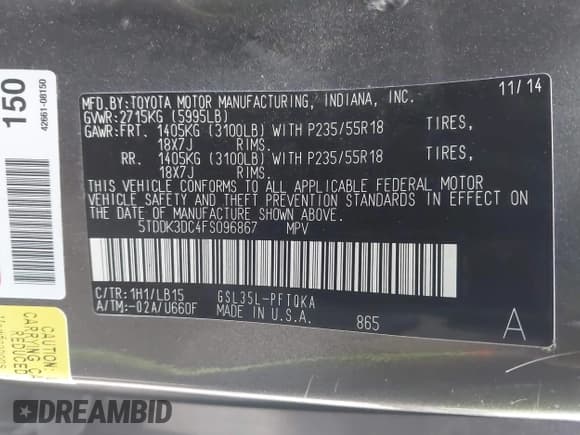 ✅ 2015 Toyota Sienna Limited • VIN: 5TDDK3DC4FS096867 • Lot: 41451129. Listed on IAAI with 226,548 mi. Free auction sales archive from the USA and detailed vehicle history report at DreamBid. Image 9.