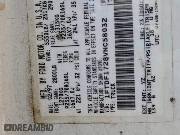 ✅ 1997 Ford F-150 • VIN: 1FTDF1728VNC58032 • Lot: 68832655. Listed on Copart with 308,318 mi. Free auction sales archive from the USA and detailed vehicle history report at DreamBid. Image 12.