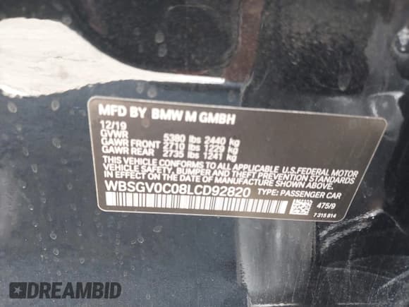 ✅ 2020 BMW M8 Competition • VIN: WBSGV0C08LCD92820 • Lot: 43506682. Wystawiony na IAAI z przebiegiem 50 128 mil. Bezpłatny archiwum sprzedaży aukcyjnych z USA i szczegółowy raport historii pojazdu na DreamBid. Zdjęcie 9.