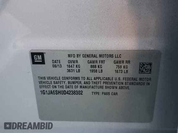 ✅ 2013 Chevrolet Sonic LS • VIN: 1G1JA6SH0D4238302 • Lot: 92689715. Listed on Copart with 101,769 mi. Free auction sales archive from the USA and detailed vehicle history report at DreamBid. Image 13.