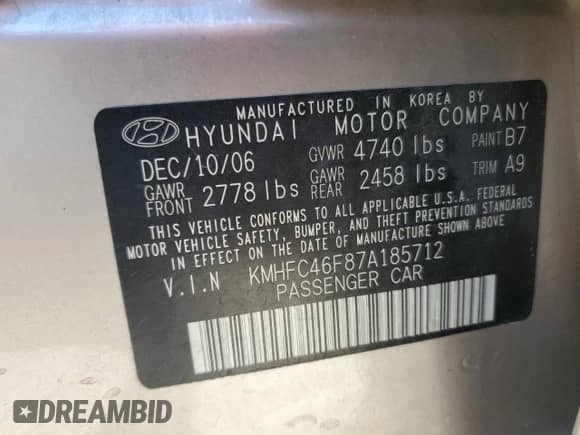 2007 Hyundai Azera SE с VIN KMHFC46F87A185712, выставлен на аукционе Copart как лот 84353254 с пробегом 248 155 миль миль и Списание • Salvage title. История ставок и продаж доступна на DreamBid. Изображение 12.