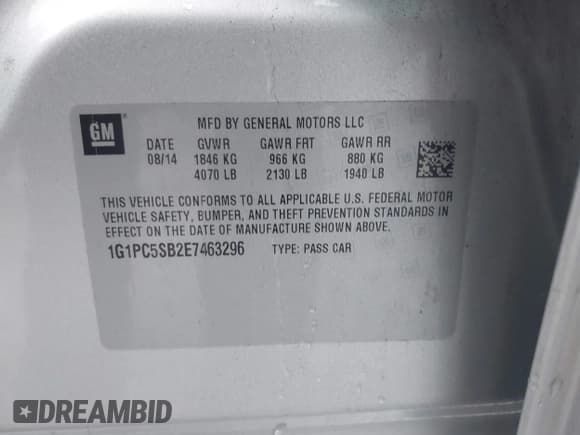 ✅ 2014 Chevrolet Cruze 1LT • VIN: 1G1PC5SB2E7463296 • Лот: 43561666. Опубликован ранее на IAAI с пробегом 85 432 миль. Бесплатный доступ к архиву аукционных продаж из США и подробный отчёт об истории автомобиля на DreamBid. Изображение 9.