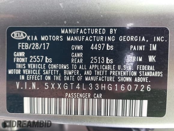 ✅ 2017 Kia Optima LX • VIN: 5XXGT4L33HG160726 • Lot: 42377630. Listed on IAAI with 136,173 mi. Free auction sales archive from the USA and detailed vehicle history report at DreamBid. Image 9.