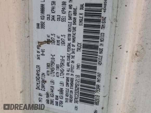 ✅ 2002 Dodge 2500 • VIN: 3B7KC23Z62M212116 • Lot: 58445855. Listed on Copart with 246,902 mi. Free auction sales archive from the USA and detailed vehicle history report at DreamBid. Image 12.