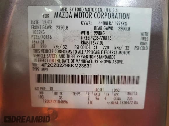 ✅ 2008 Mazda Tribute Sport • VIN: 4F2CZ02Z98KM23531 • Lot: 48985595. Listed on Copart with 60,467 mi. Free auction sales archive from the USA and detailed vehicle history report at DreamBid. Image 12.