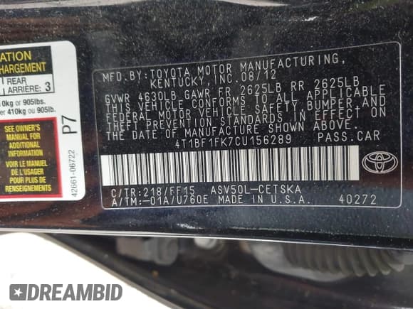✅ 2012 Toyota Camry XLE • VIN: 4T1BF1FK7CU156289 • Lot: 43521995. Listed on IAAI with 216,657 mi. Free auction sales archive from the USA and detailed vehicle history report at DreamBid. Image 9.