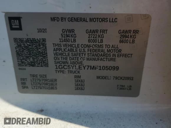 ✅ 2021 Chevrolet Silverado 2500HD Work Truck • VIN: 1GC5YLEY7MF105099 • Лот: 70585835. Опубликован ранее на Copart с пробегом 104 349 миль. Бесплатный доступ к архиву аукционных продаж из США и подробный отчёт об истории автомобиля на DreamBid. Изображение 12.