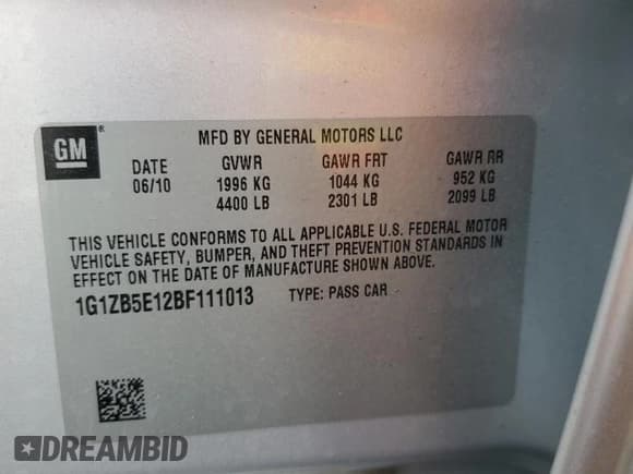✅ 2011 Chevrolet Malibu 1LS • VIN: 1G1ZB5E12BF111013 • Lot: 76414934. Listed on Copart with Not provided. Free auction sales archive from the USA and detailed vehicle history report at DreamBid. Image 13.