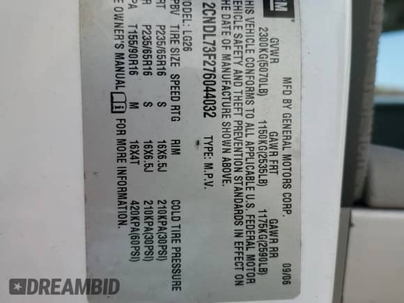 2007 Chevrolet Equinox LT с VIN 2CNDL73F276044032, выставлен на аукционе Copart как лот 77980794 с пробегом 183 118 миль миль и Списание • Salvage title. История ставок и продаж доступна на DreamBid. Изображение 13.