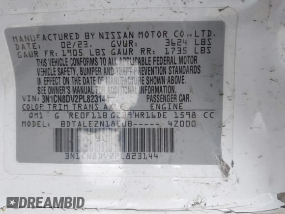 ✅ 2023 Nissan Versa S • VIN: 3N1CN8DV2PL823144 • Lot: 41945612. Listed on IAAI with 21,126 mi. Free auction sales archive from the USA and detailed vehicle history report at DreamBid. Image 9.