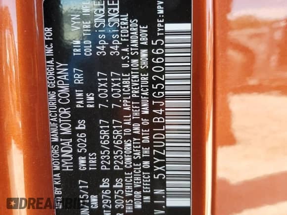 2018 Hyundai Santa Fe 2.4L with VIN 5XYZUDLB4JG520665, listed as a Copart auction lot 56243165 with 102,252 mi miles and Salvage title. Bid and sale history available at DreamBid. Image 13.