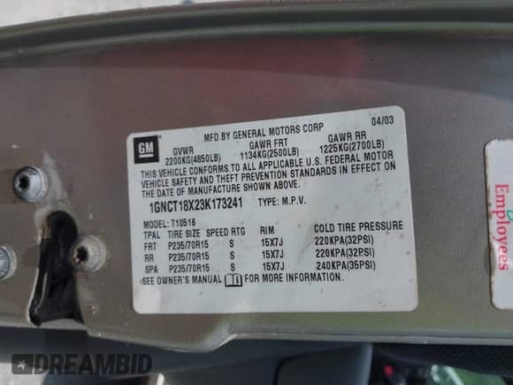 2003 Chevrolet Blazer LS с VIN 1GNCT18X23K173241, выставлен на аукционе IAAI как лот 42410493 с пробегом 97 147 миль миль и . История ставок и продаж доступна на DreamBid. Изображение 9.