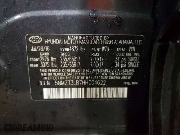 ✅ 2017 Hyundai Santa Fe 2.4L • VIN: 5NMZT3LB7HH004622 • Lot: 40319053. Wystawiony na Copart z przebiegiem 90 865 mil. Bezpłatny archiwum sprzedaży aukcyjnych z USA i szczegółowy raport historii pojazdu na DreamBid. Zdjęcie 15.
