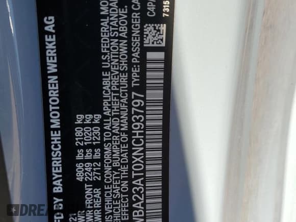 ✅ 2022 BMW 4 Series 430i • VIN: WBA23AT0XNCH93797 • Lot: 67658555. Listed on Copart with 52,210 mi. Free auction sales archive from the USA and detailed vehicle history report at DreamBid. Image 12.