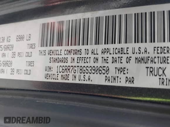 2016 Ram 1500 Big Horn with VIN 1C6RR7GT8GS390650, listed as a IAAI auction lot 42669358 with 161,267 mi miles and . Bid and sale history available at DreamBid. Image 9.