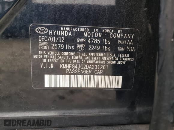 2013 Hyundai Azera with VIN KMHFG4JG2DA231261, listed as a Copart auction lot 86897314 with 181,636 mi miles and Clean title. Bid and sale history available at DreamBid. Image 12.