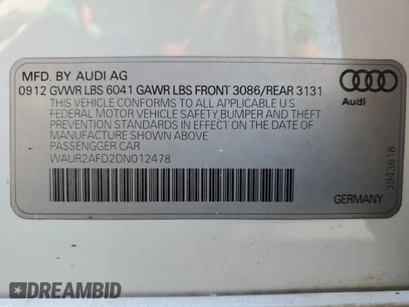 ✅ 2013 Audi A8 4.0L • VIN: WAUR2AFD2DN012478 • Lot: 49733565. Listed on Copart with 115,323 mi. Free auction sales archive from the USA and detailed vehicle history report at DreamBid. Image 12.