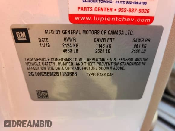 ✅ 2011 Chevrolet Impala LTZ • VIN: 2G1WC5EM2B1183668 • Lot: 84771575. Listed on Copart with 94,995 mi. Free auction sales archive from the USA and detailed vehicle history report at DreamBid. Image 13.