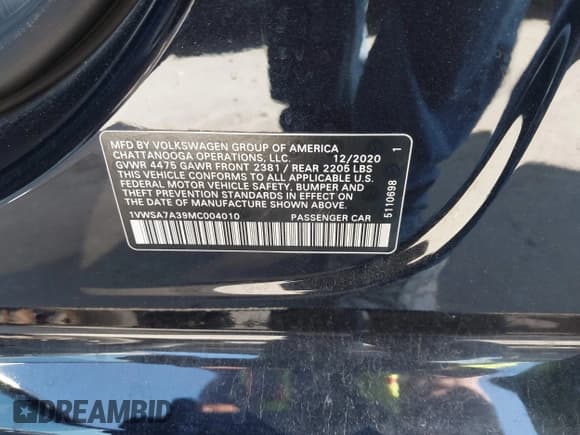 ✅ 2021 Volkswagen Passat SE • VIN: 1VWSA7A39MC004010 • Lot: 43377922. Listed on IAAI with 89,202 mi. Free auction sales archive from the USA and detailed vehicle history report at DreamBid. Image 9.