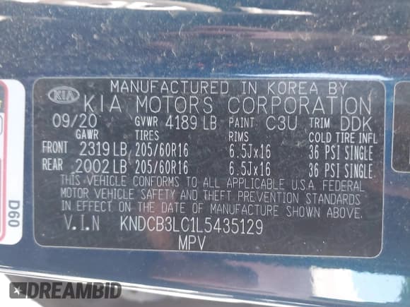✅ 2020 Kia Niro LX • VIN: KNDCB3LC1L5435129 • Lot: 43269613. Listed on IAAI with 71,417 mi. Free auction sales archive from the USA and detailed vehicle history report at DreamBid. Image 9.