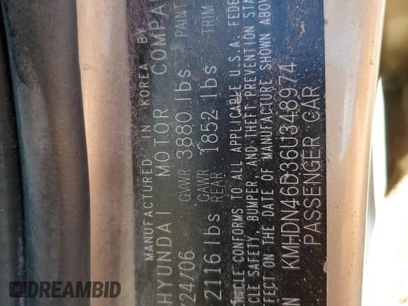 2006 Hyundai Elantra GLS с VIN KMHDN46D36U348974, выставлен на аукционе Copart как лот 74737004 с пробегом 122 727 миль миль и Списание • Salvage title. История ставок и продаж доступна на DreamBid. Изображение 12.