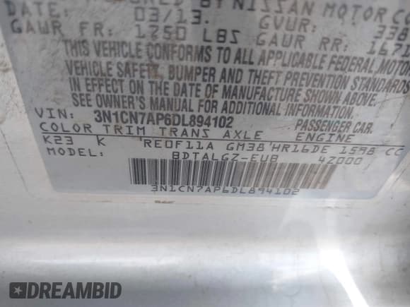 ✅ 2013 Nissan Versa S • VIN: 3N1CN7AP6DL894102 • Lot: 43109126. Listed on IAAI with 128,316 mi. Free auction sales archive from the USA and detailed vehicle history report at DreamBid. Image 9.