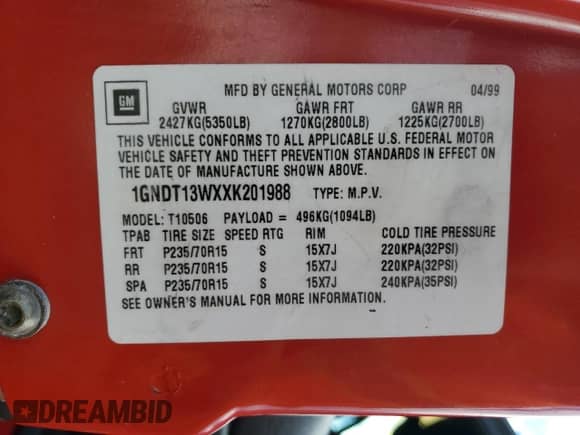 1999 Chevrolet Blazer LS z VIN 1GNDT13WXXK201988, wystawiony jako Copart lot #81960364 z przebiegiem 219 613 mil mil oraz Szkoda całkowita • Salvage title. Historia ofert i sprzedaży dostępna na DreamBid. Obrazek 12.