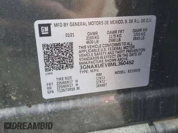 2021 Chevrolet Equinox LT с VIN 3GNAXUEV8ML360452, выставлен на аукционе Copart как лот 82370025 с пробегом 20 979 миль миль и На запчасти • Non repairable. История ставок и продаж доступна на DreamBid. Изображение 13.