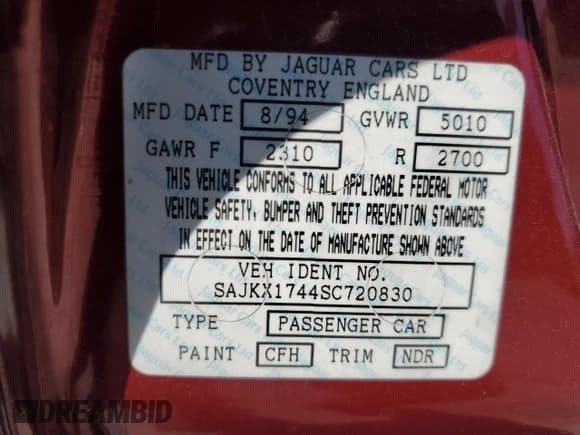 ✅ 1995 Jaguar XJ • VIN: SAJKX1744SC720830 • Lot: 69212295. Listed on Copart with 77,847 mi. Free auction sales archive from the USA and detailed vehicle history report at DreamBid. Image 12.