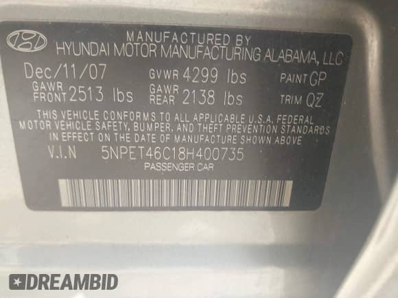 2008 Hyundai Sonata GLS z VIN 5NPET46C18H400735, wystawiony jako IAAI lot #43357536 z przebiegiem 195 571 mil mil oraz . Historia ofert i sprzedaży dostępna na DreamBid. Obrazek 9.