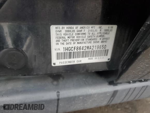 ✅ 1998 Honda Accord DX • VIN: 1HGCF8642WA219650 • Lot: 79995124. Wystawiony na Copart z przebiegiem 120 492 mil. Bezpłatny archiwum sprzedaży aukcyjnych z USA i szczegółowy raport historii pojazdu na DreamBid. Zdjęcie 14.