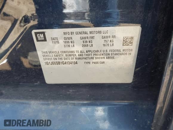 2016 Chevrolet Sonic LTZ with VIN 1G1JE6SB1G4134194, listed as a IAAI auction lot 42987150 with 141,890 mi miles and . Bid and sale history available at DreamBid. Image 9.