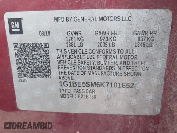 ✅ 2019 Chevrolet Cruze LT • VIN: 1G1BE5SM6K7101652 • Лот: 43258848. Опубликован ранее на IAAI с пробегом 58 247 миль. Бесплатный доступ к архиву аукционных продаж из США и подробный отчёт об истории автомобиля на DreamBid. Изображение 9.