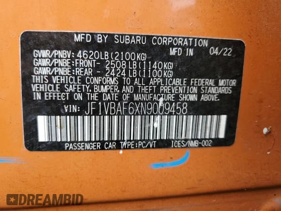 ✅ 2022 Subaru WRX Premium • VIN: JF1VBAF6XN9009458 • Lot: 82391115. Wystawiony na Copart z przebiegiem 40 572 mil. Bezpłatny archiwum sprzedaży aukcyjnych z USA i szczegółowy raport historii pojazdu na DreamBid. Zdjęcie 12.