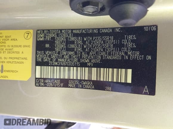 ✅ 2007 Lexus RX 350 • VIN: 2T2HK31U97C035115 • Lot: 42387050. Listed on IAAI with 205,495 mi. Free auction sales archive from the USA and detailed vehicle history report at DreamBid. Image 9.