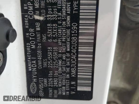 2012 Hyundai Tucson Limited z VIN KM8JUCAC4CU381590, wystawiony jako Copart lot #91350795 z przebiegiem 510 791 mil mil oraz Czysty tytuł • Clean title. Historia ofert i sprzedaży dostępna na DreamBid. Obrazek 14.