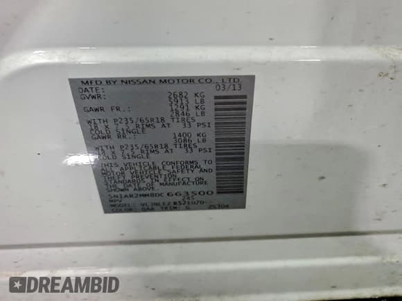 ✅ 2013 Nissan Pathfinder SV • VIN: 5N1AR2MM8DC663500 • Lot: 95333565. Listed on Copart with 136,674 mi. Free auction sales archive from the USA and detailed vehicle history report at DreamBid. Image 13.