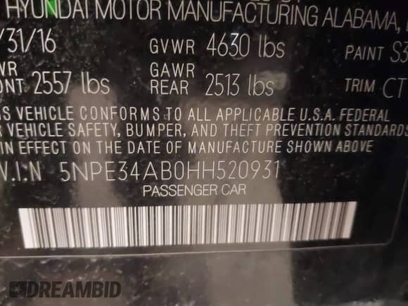 2017 Hyundai Sonata Sport with VIN 5NPE34AB0HH520931, listed as a IAAI auction lot 41497572 with 157,444 mi miles and . Bid and sale history available at DreamBid. Image 9.