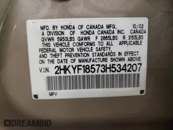 ✅ 2003 Honda Pilot EX • VIN: 2HKYF18573H534207 • Lot: 85129305. Listed on Copart with 143,514 mi. Free auction sales archive from the USA and detailed vehicle history report at DreamBid. Image 13.