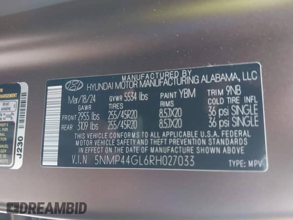 2024 Hyundai Santa Fe Limited z VIN 5NMP44GL6RH027033, wystawiony jako IAAI lot #41365875 z przebiegiem 1 875 mil mil oraz . Historia ofert i sprzedaży dostępna na DreamBid. Obrazek 9.