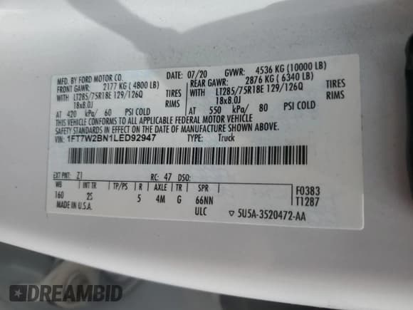 ✅ 2020 Ford F-250 XL • VIN: 1FT7W2BN1LED92947 • Lot: 55405635. Listed on Copart with 73,841 mi. Free auction sales archive from the USA and detailed vehicle history report at DreamBid. Image 12.