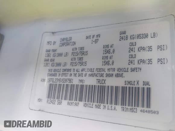 ✅ 1997 Dodge Dakota • VIN: 1B7GL23Y6VS207961 • Lot: 43703708. Wystawiony na IAAI z przebiegiem 297 431 mil. Bezpłatny archiwum sprzedaży aukcyjnych z USA i szczegółowy raport historii pojazdu na DreamBid. Zdjęcie 9.