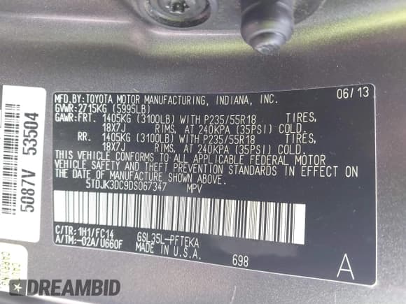 ✅ 2013 Toyota Sienna LE • VIN: 5TDJK3DC9DS067347 • Lot: 43500377. Listed on IAAI with 128,416 mi. Free auction sales archive from the USA and detailed vehicle history report at DreamBid. Image 9.